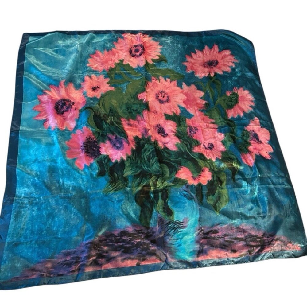 Vintage Satin Still Life Vibrant Floral Bold Art Scarf 35 x36 Square Blue Pink